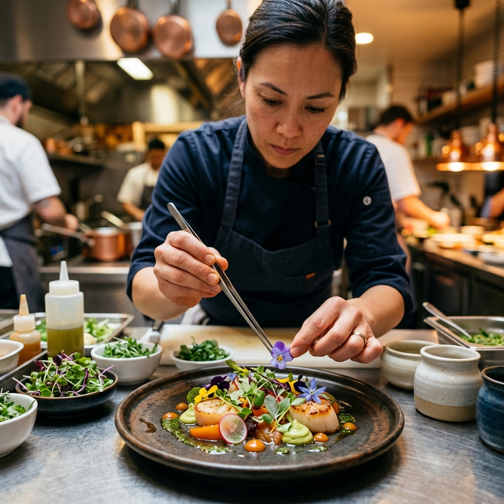 Chef Julian Mercier plating a signature gourmet dish with precision tweezers
