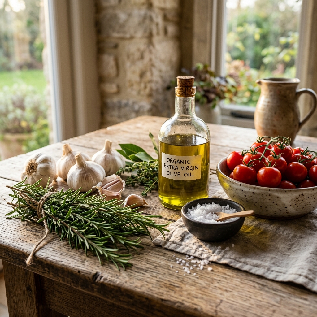 Fresh organic garden rosemary, virgin olive oil, and sea salt ingredients