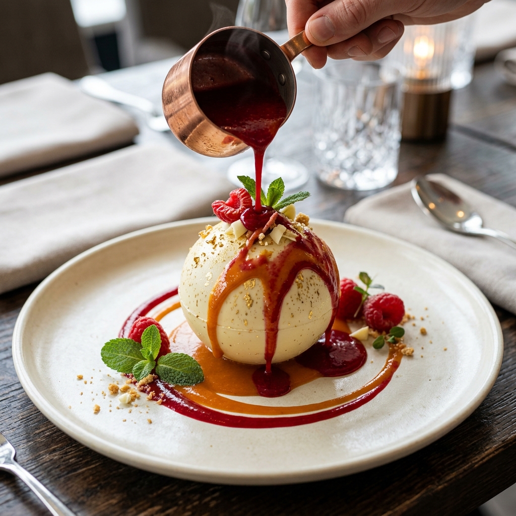 White chocolate sphere dusted with gold-leaf and rich raspberry drizzle