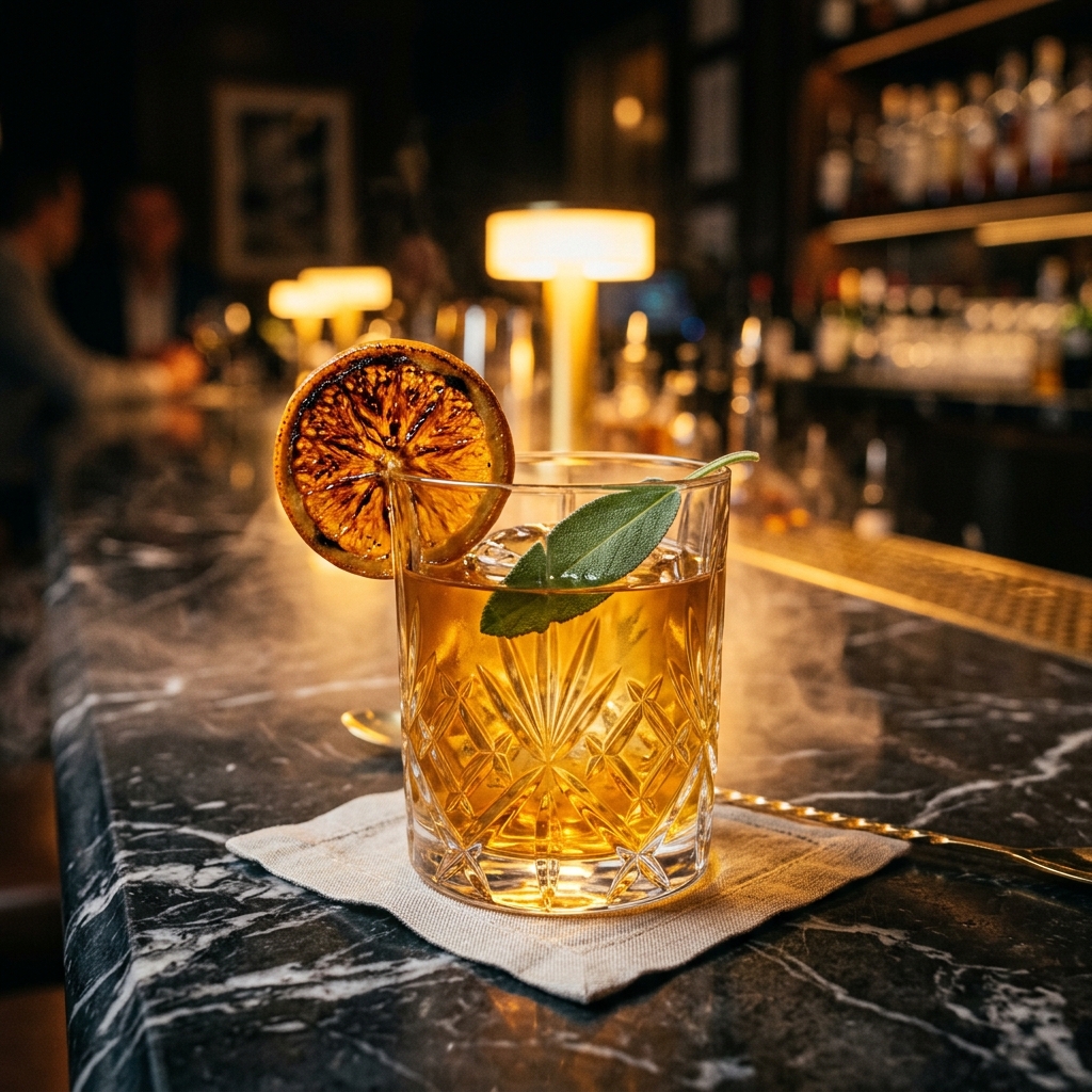 Amber cocktail garnished with caramelized orange peel and sage