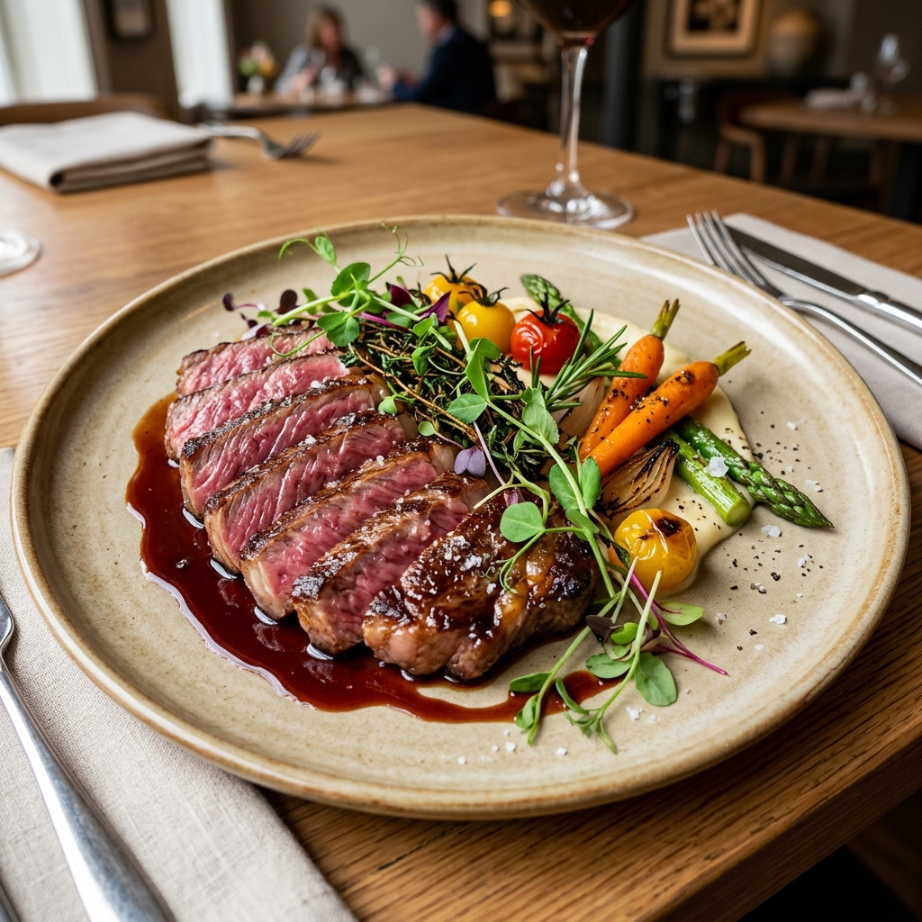 Luxury plate of sliced medium-rare Wagyu steak with red wine reduction