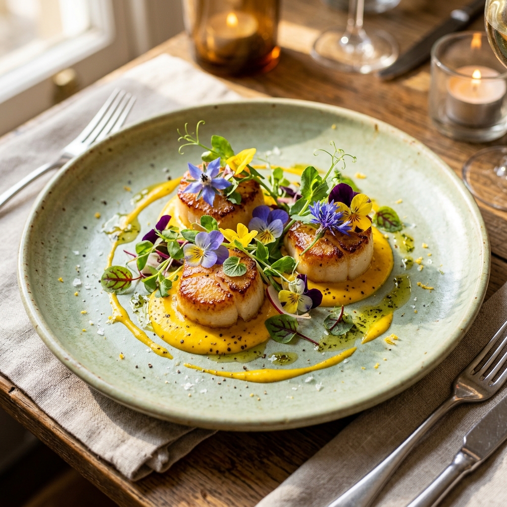 Seared scallops with saffron foam on sage green plate