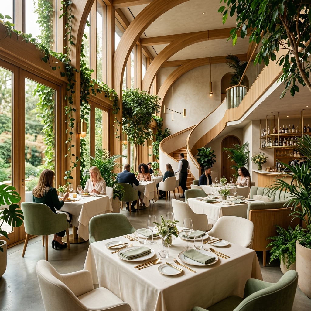 Warm sunlit fine dining restaurant interior with linen tablecloths